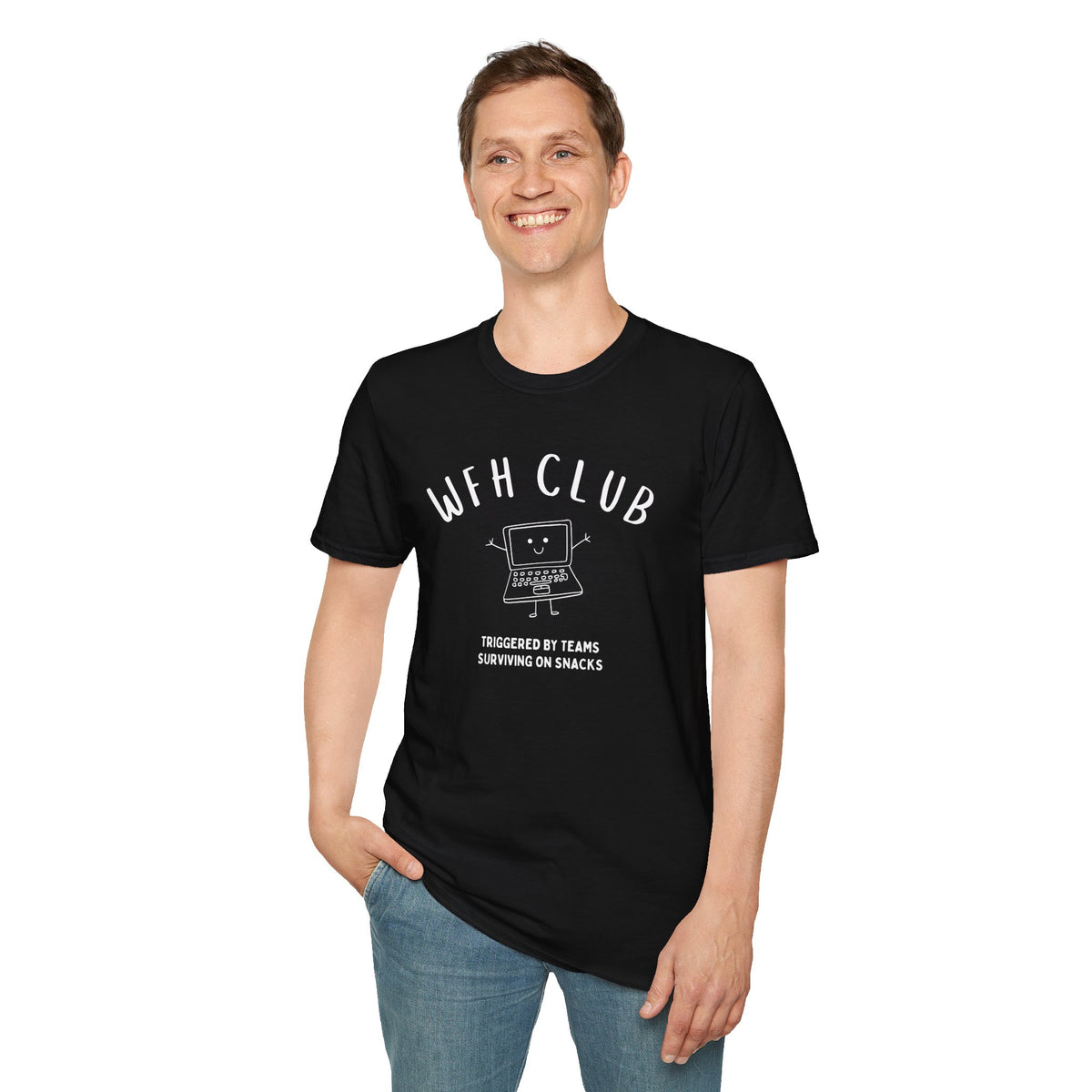 WFH Club T‑Shirt — "Triggered by Teams, Surviving on Snacks" Work‑From‑Home Tee