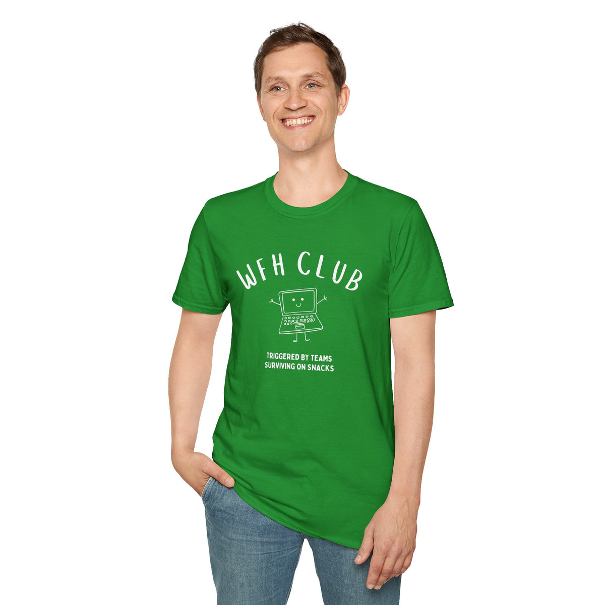WFH Club T‑Shirt — "Triggered by Teams, Surviving on Snacks" Work‑From‑Home Tee